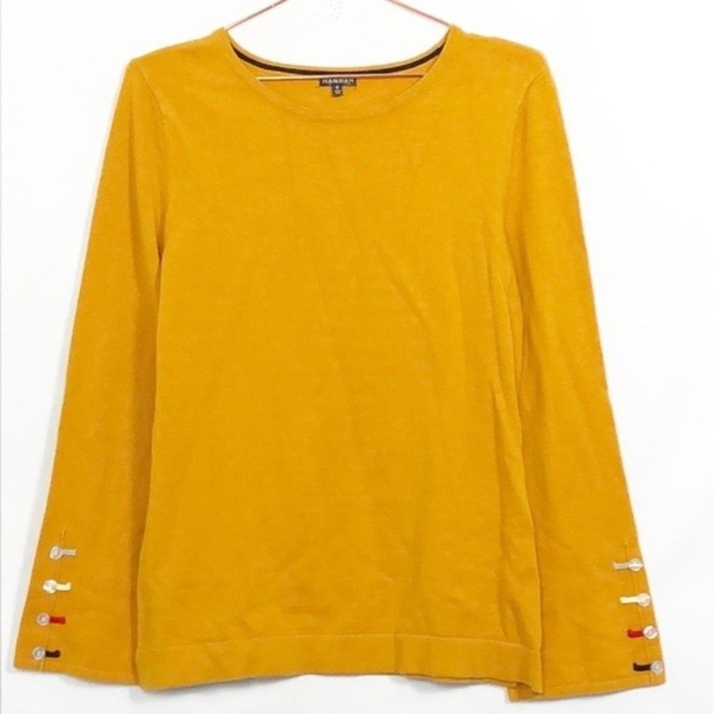 Hannah Mustard Yellow Crewneck Sweater Rainbow Button Sleeve Accent EUC Small